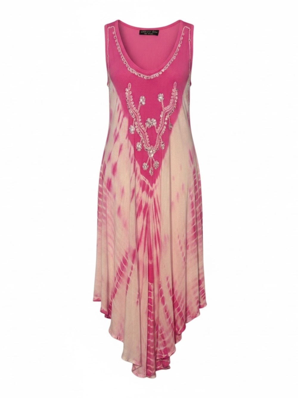 Embellished Pink Tie-Dye Asymmetrical Midi Dress